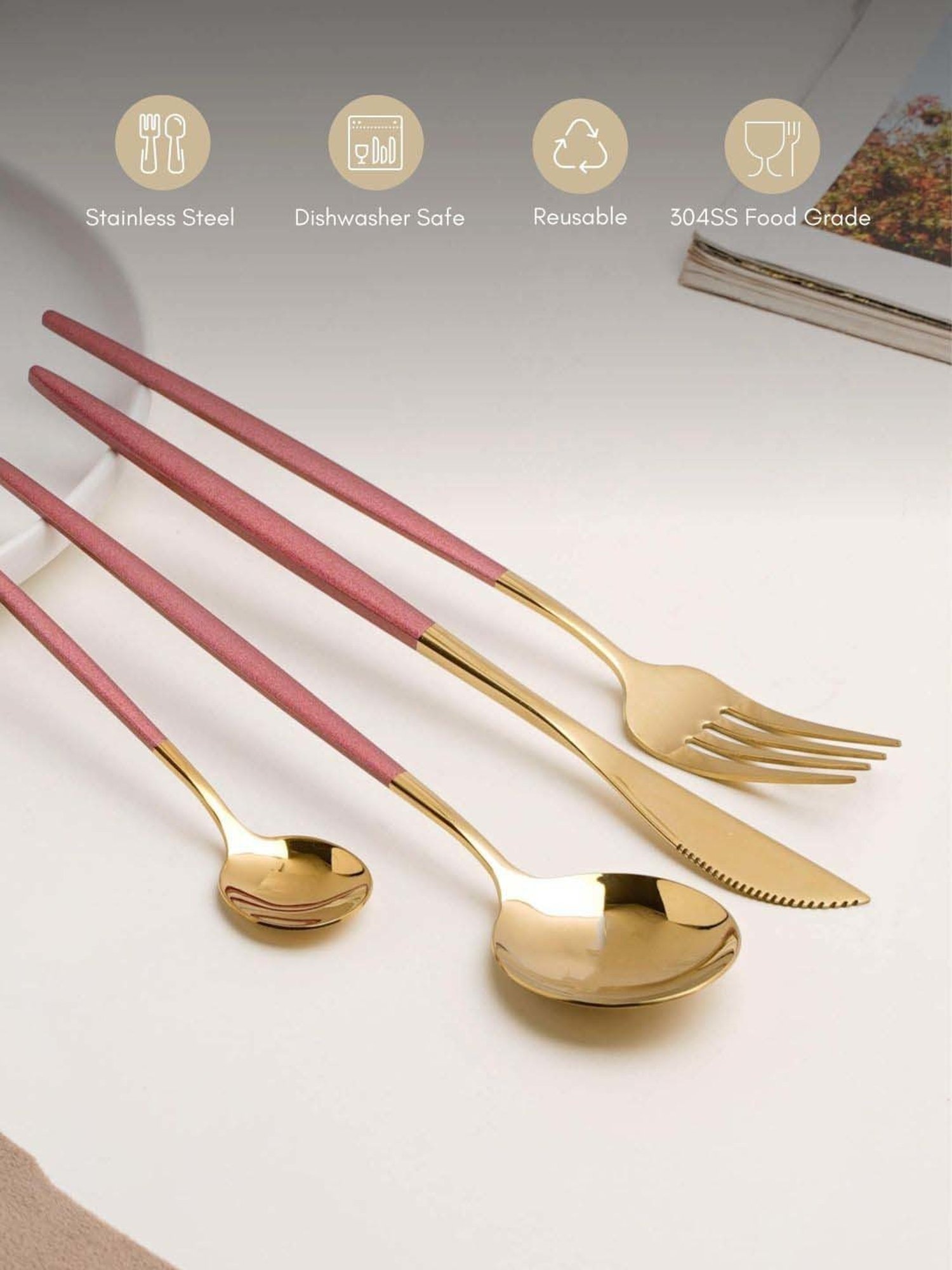 Nestasia Pink  & Golden stainless Steel cutlery set(1 Fork + 1 Knife +1 Table spoon +1 Desert spoon)