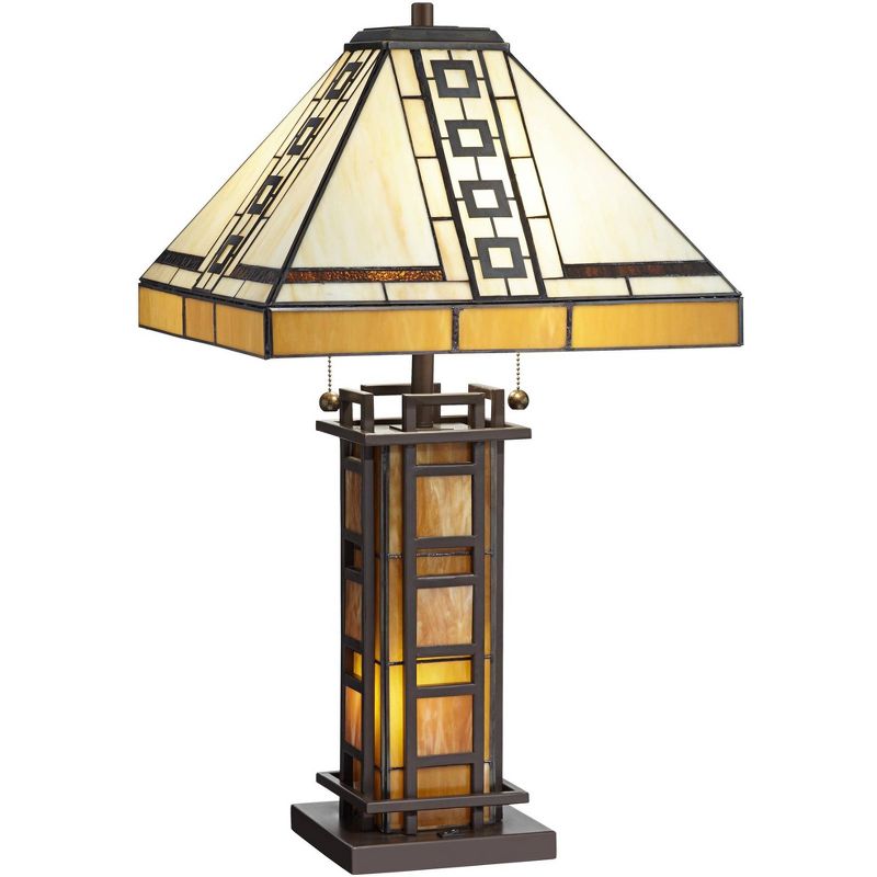 Robert Louis Tiffany Mission Table Lamp with Nightlight LED Oil Rubbed Bronze Amber Stained Art Glass Shade Living Room Bedroom