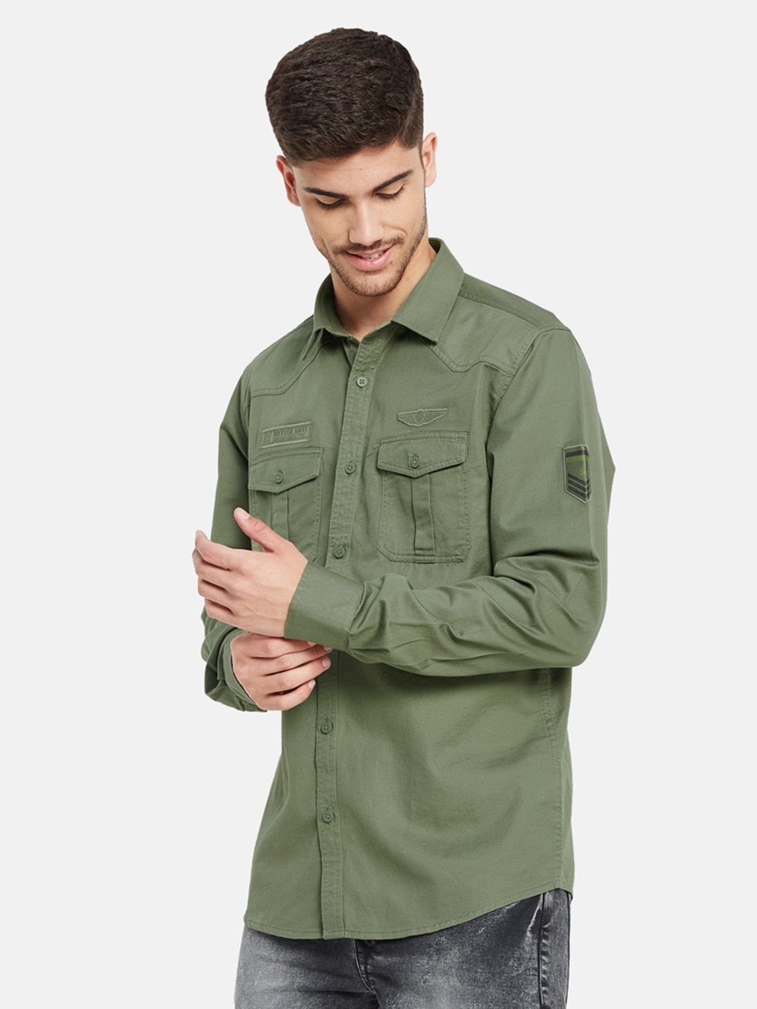 METTLE Olive Cotton Regular Fit Shirt