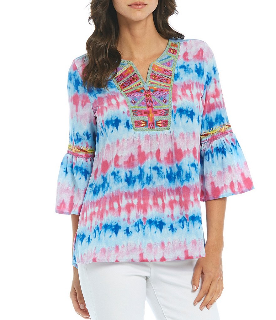 Calessa Petite Size Embroidered Neck Tie Dye Bell Cuff Sleeve Tunic