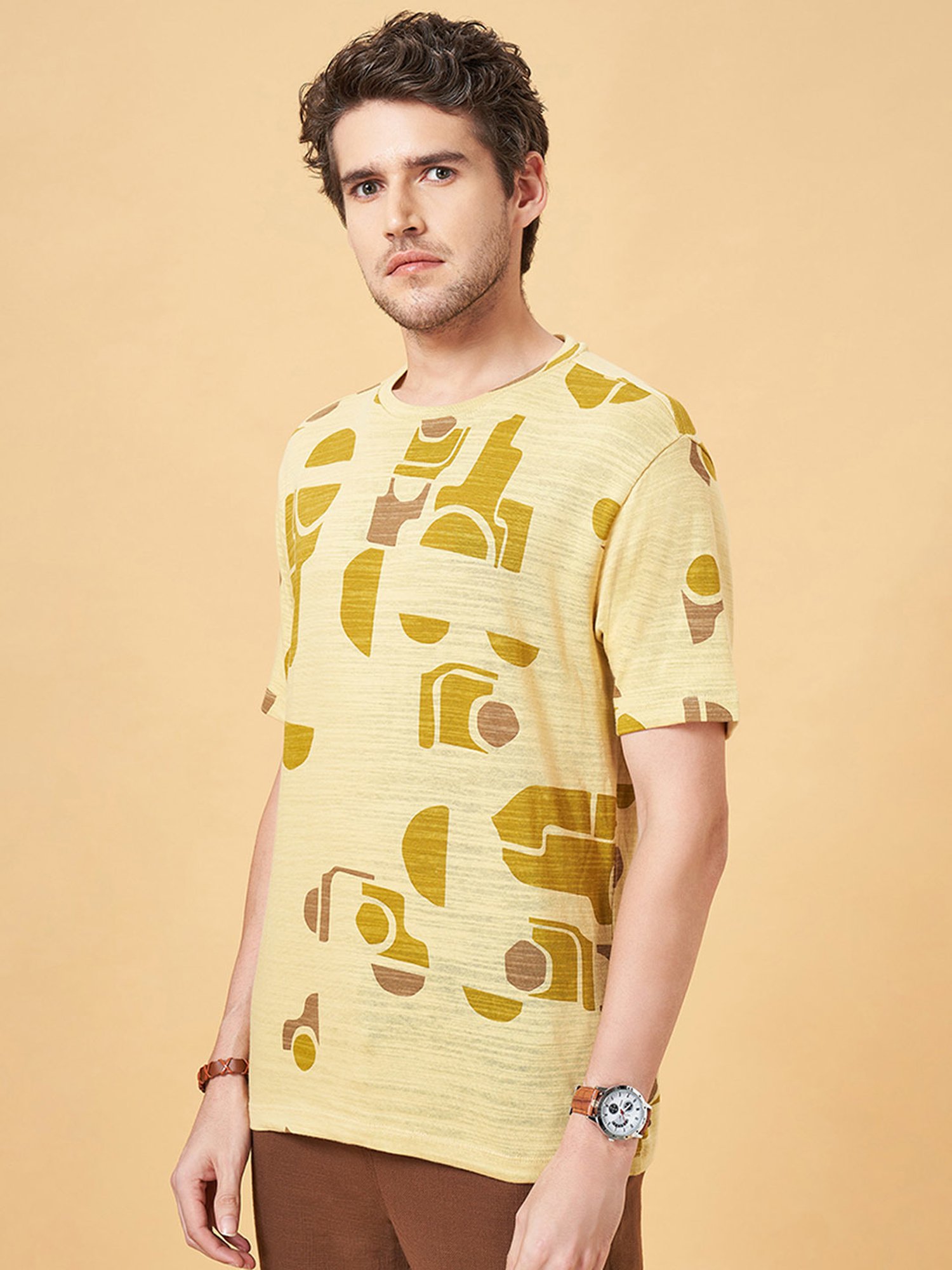 7 Alt by Pantaloons Mustard Relaxed Fit Printed Crew T-Shirt
