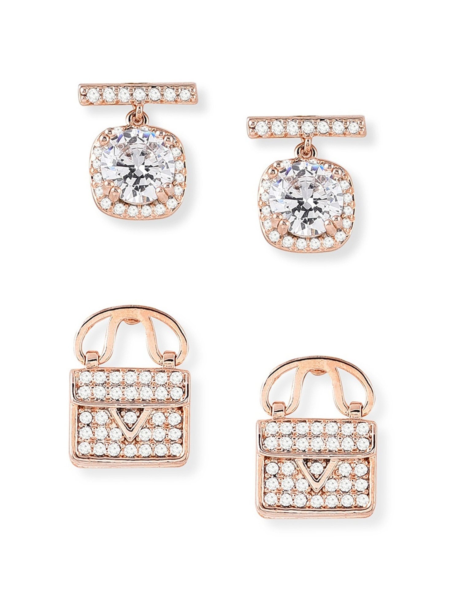Zaveri Pearls Set of 2 Rose Gold Contemporary Cubic Zirconia Brass Drop & Stud Earrings - ZPFK11132