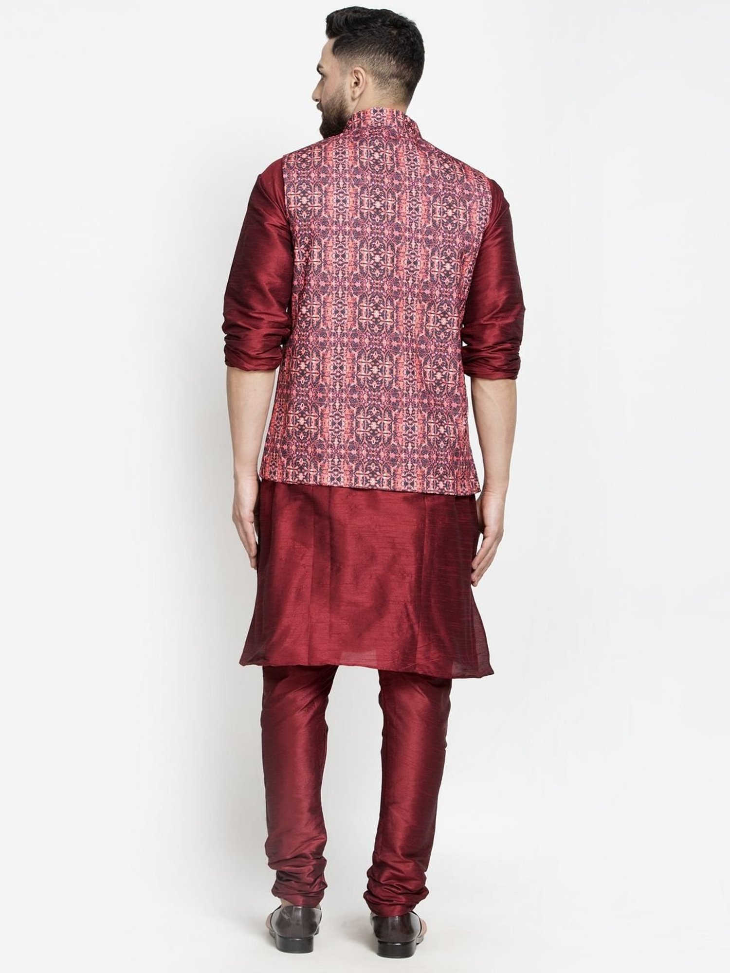 Benstoke Maroon & Coral Regular Fit Printed Kurta Set With Jacket