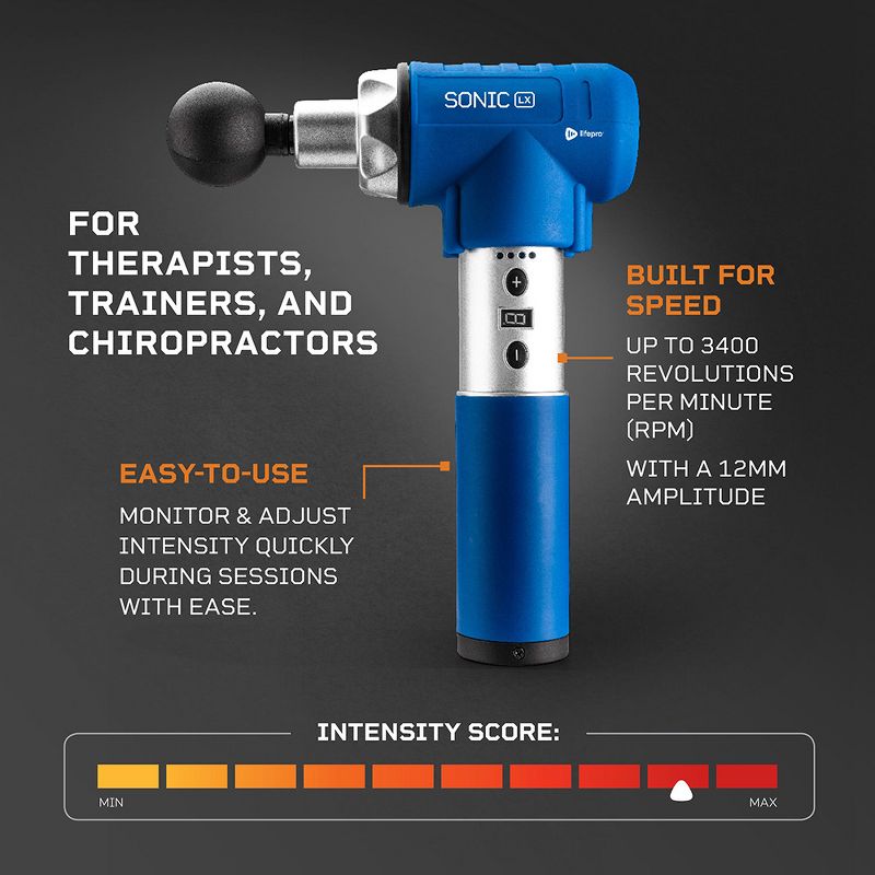 Lifepro LPSNCLXBLU Sonic LX Professional Quiet Electric Handheld Deep Muscle Tissue Percussion Massage Therapy Gun Machine with 7 Attachments, Blue