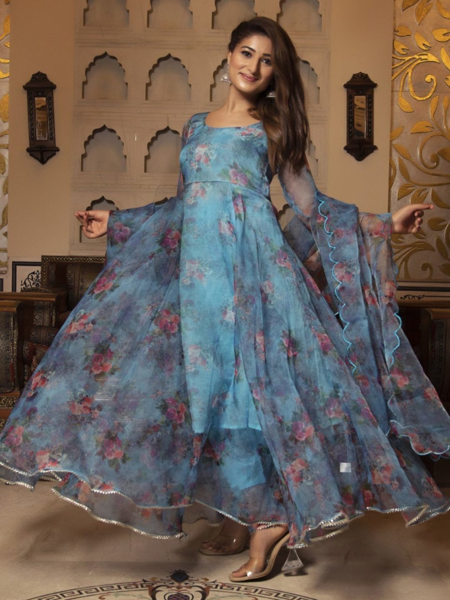 Calmna Blue Bloom Floral Anarkali Suit Set with Scalped Dupatta