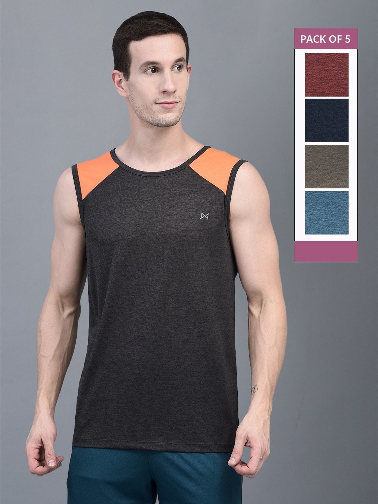 Force NXT Multicolored Regular Fit Gym Vest - Pack Of 5