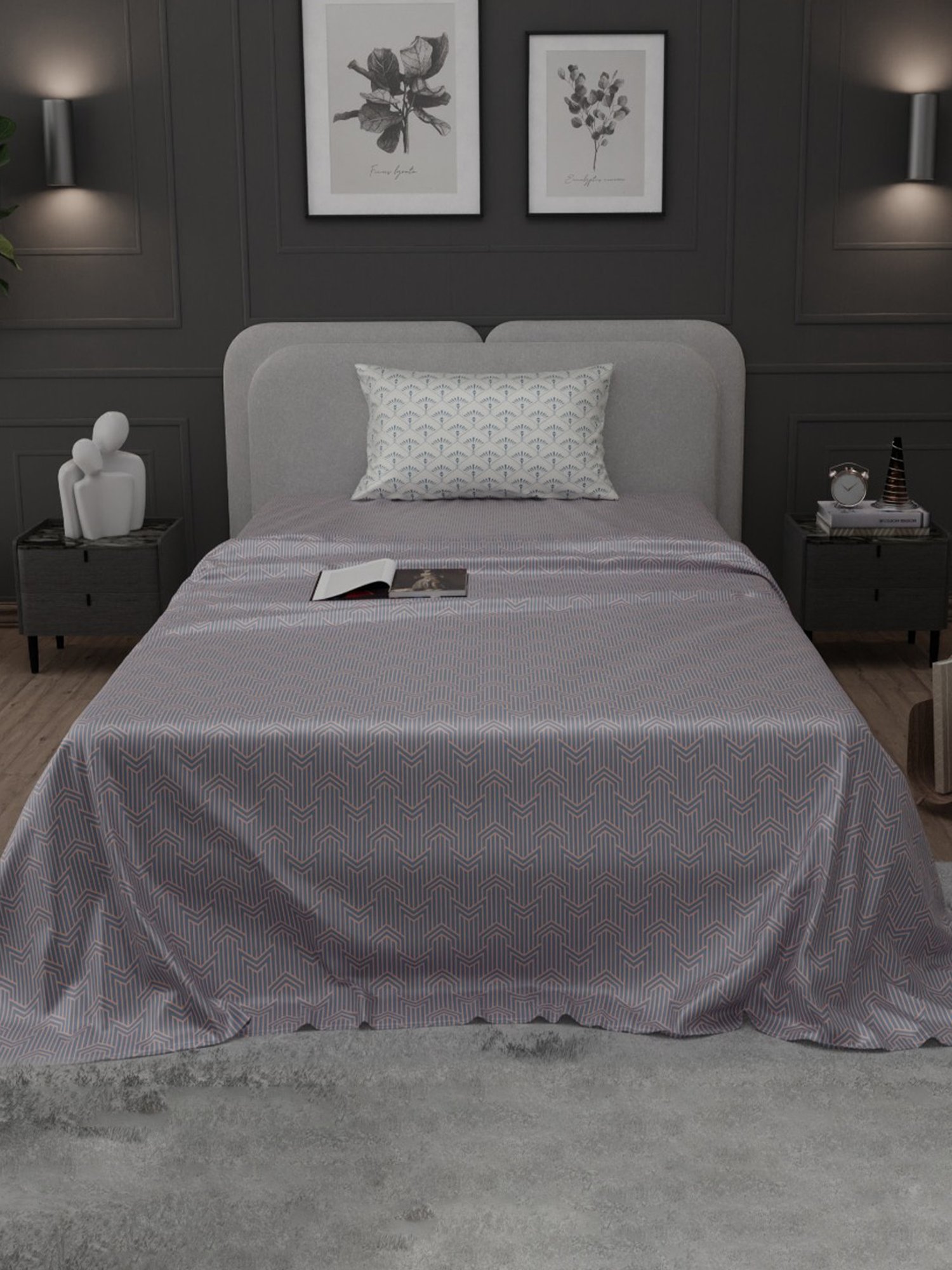 Stoa Paris Elegance Grey Polyester 300 TC Sateen Single Size Bed Sheet With 1 Pillow Cover