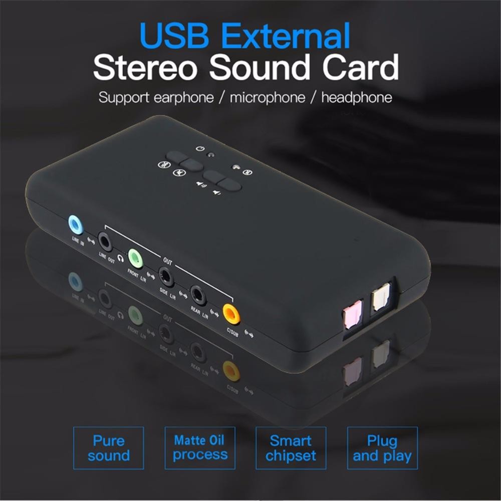 Black USB 2.0 Sound Card CMI6206 Chipset USB 7.1 Sound Card USB Audio Device Class Spec1.0 And USB HID Class Spec 8 DAC Output