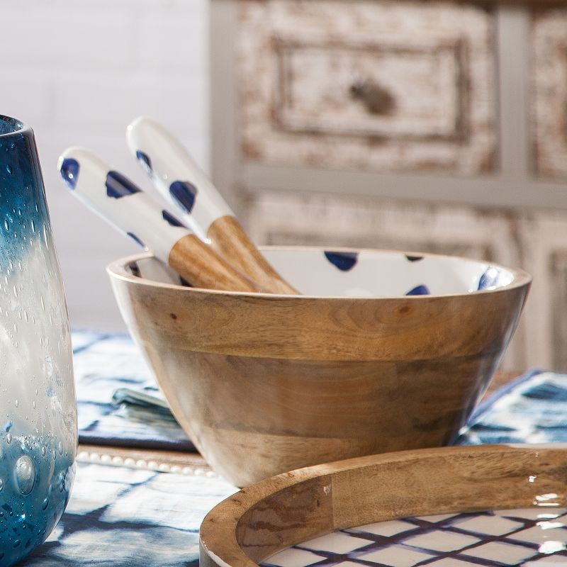 Lone Elm Studios Indigo Ink-Accented Serving Bowl with Matching Set of 2 Spoons