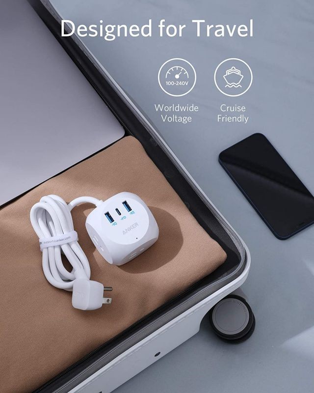 Poweradd Power Strip with USB C Power Delivery 18W, Travel Power Strip Mini with 3 Outlets, 18W USB C & QC 3.0 USB A Port, 5ft Cord, Flat Plug for Cruise Ship, Hotel, Dorm Room and Home,White