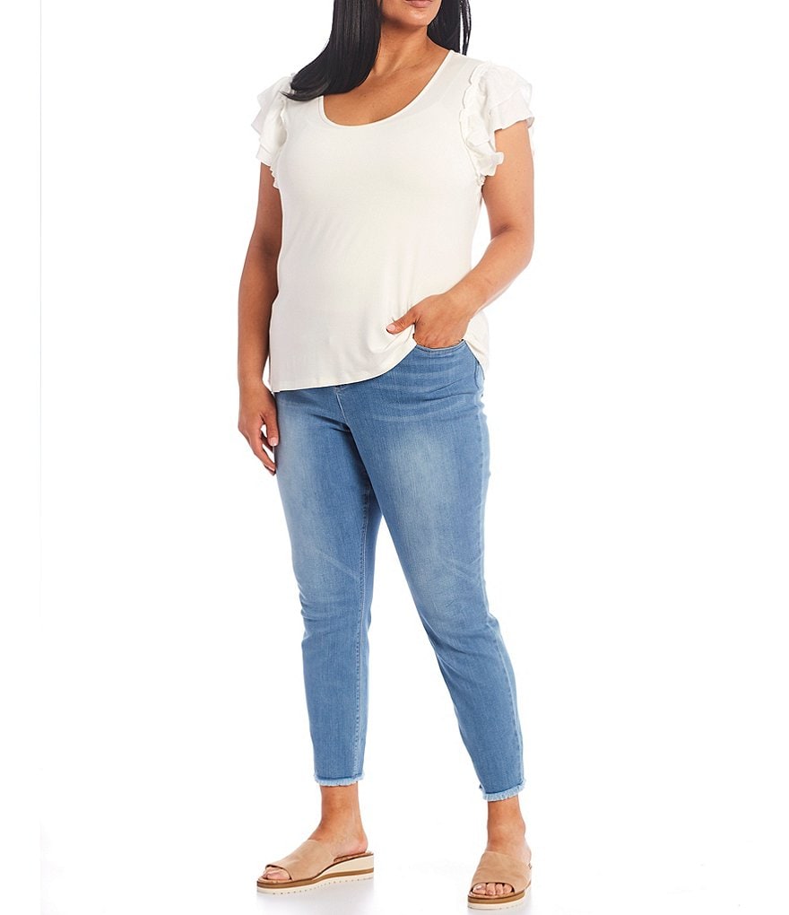 Democracy Plus Size Floral Print 3/4 Puff Sleeve V-Neck Knit Top