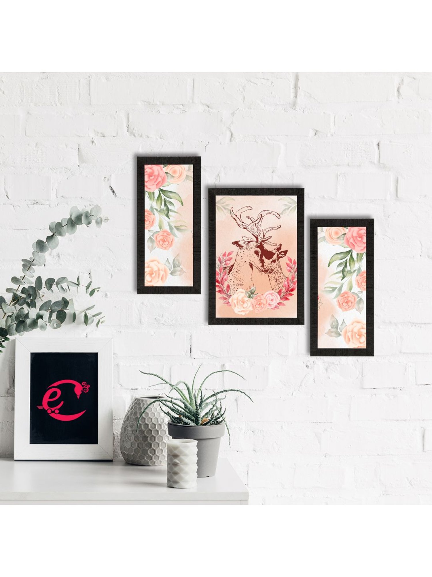 eCraftIndia Set of 3 Loving Deer Couple Satin Matt Texture UV Art Painting