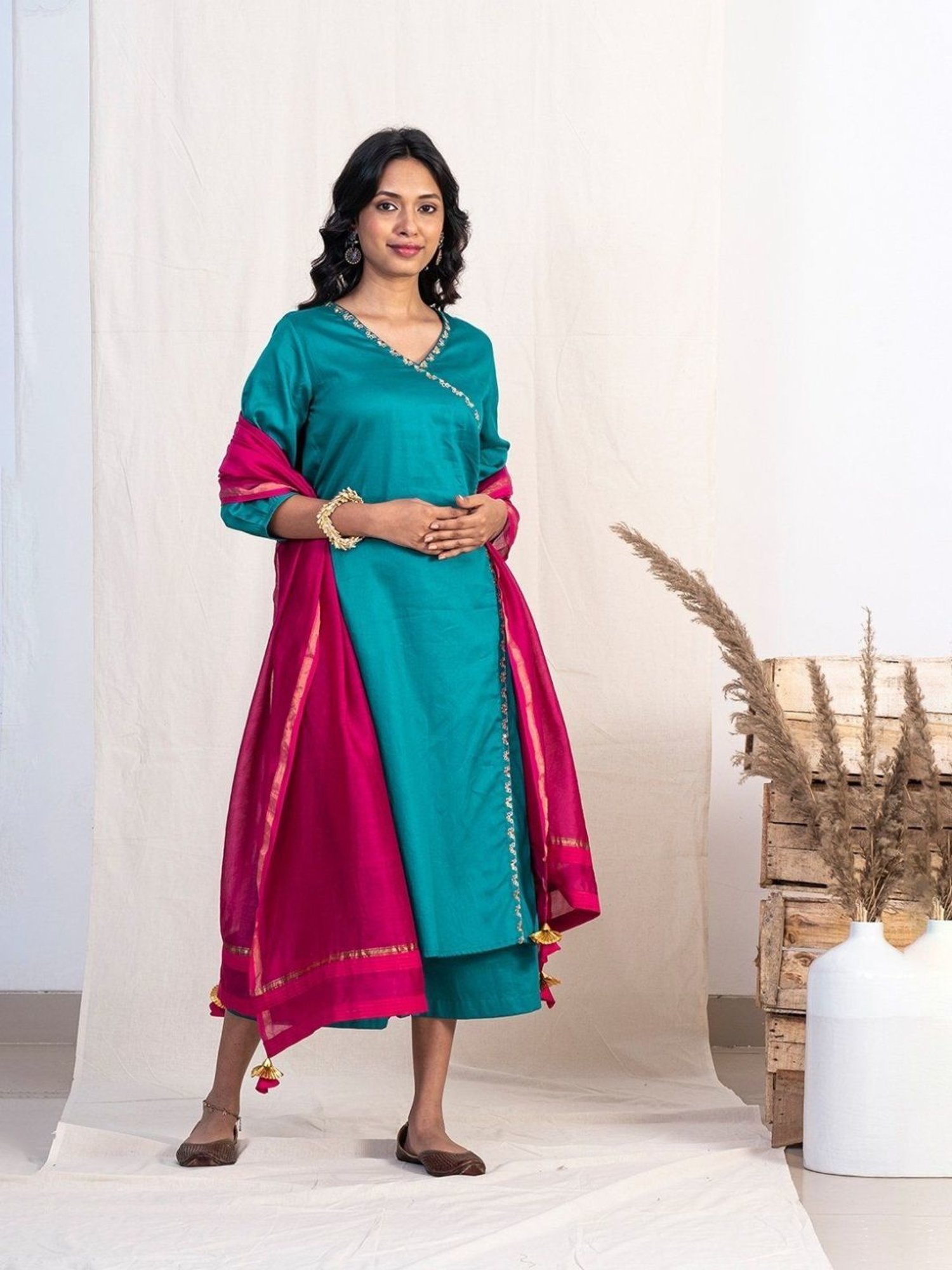 Akiso Jashn Blue Angrakha Embroidery Kurta Set With Plazzo And Pink Dupatta