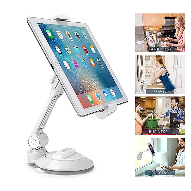 Tight iPad Suction Cup Holder Fits 411 Display Swivel Sticky Tablet Phone Stand Pad to Mount Smartphone iPhone 5 6 7 iPad Mini Cell on Smooth Surface Desk Countertop Mirror Car Truck Window