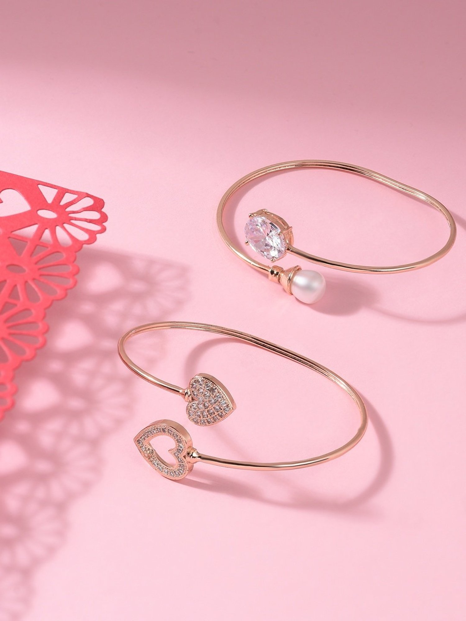 Zaveri Pearls Set of 2 Rose Gold Contemporary Cubic Zirconia Brass Kada Style Bracelet-ZPFK11105