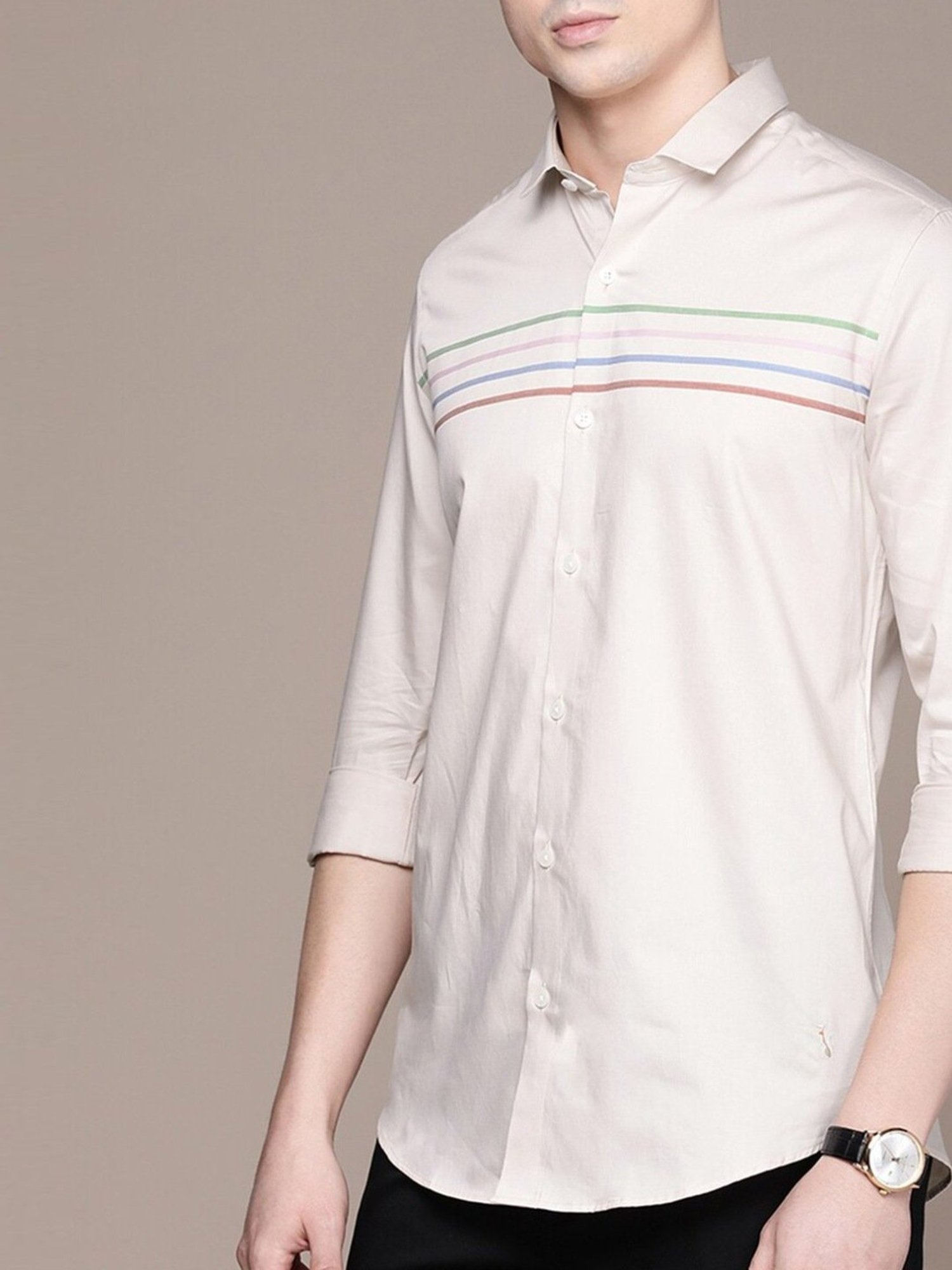 Simon Carter London Beige Stripes Slim Fit Shirt