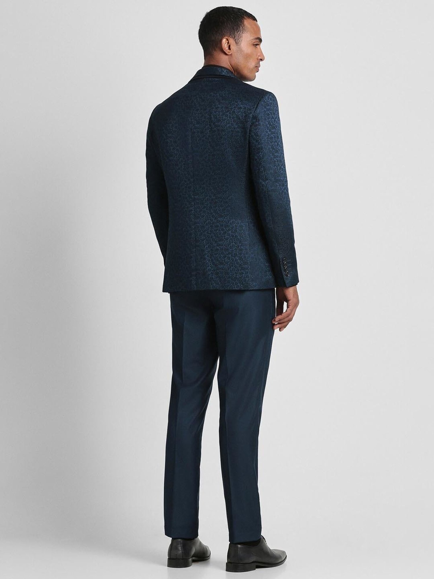 Peter England Elite Navy Slim Fit Printed Three Piece Suit