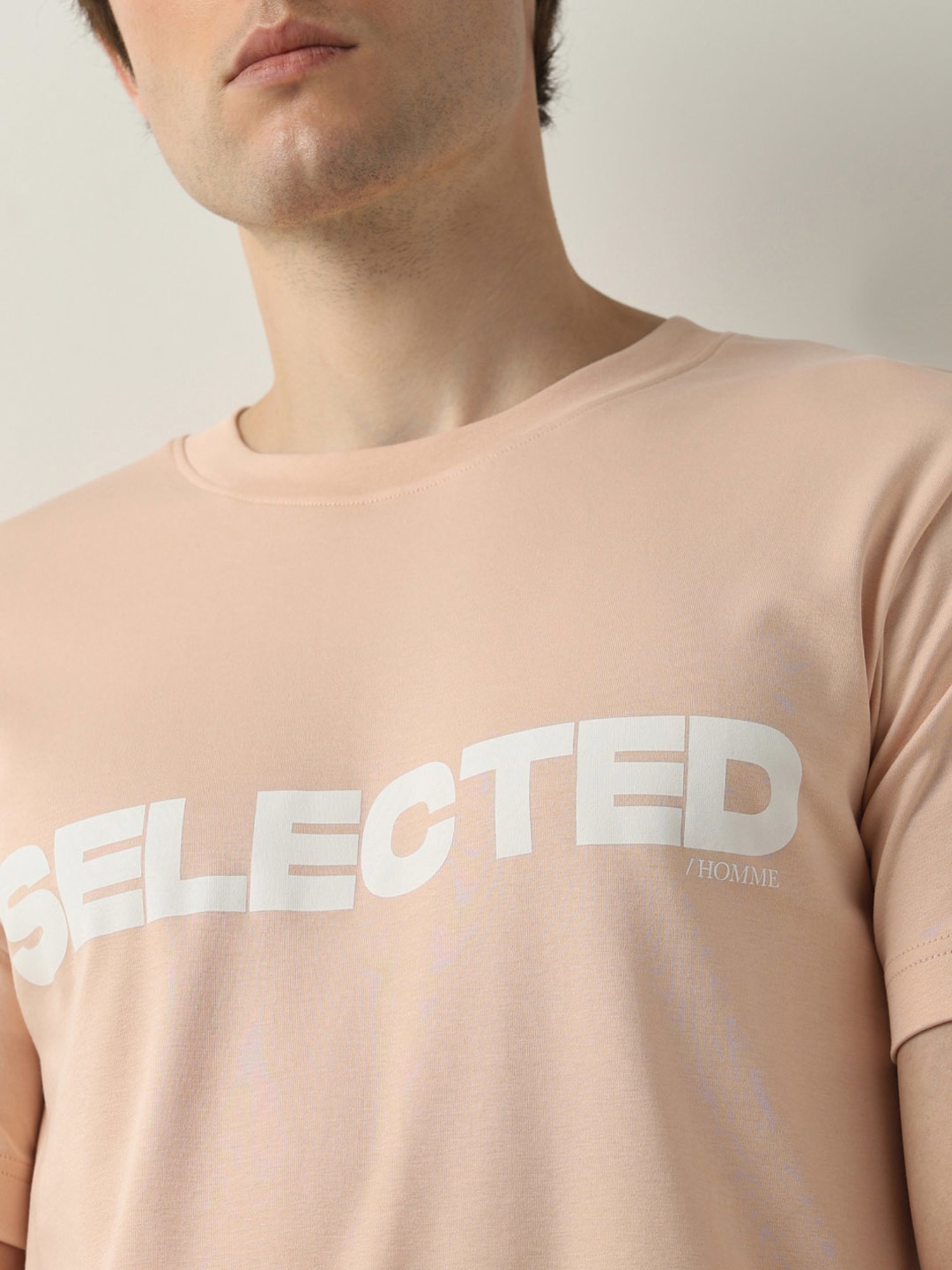 SELECTED HOMME Light Pink Slim Fit Logo Print Cotton Crew T-Shirt