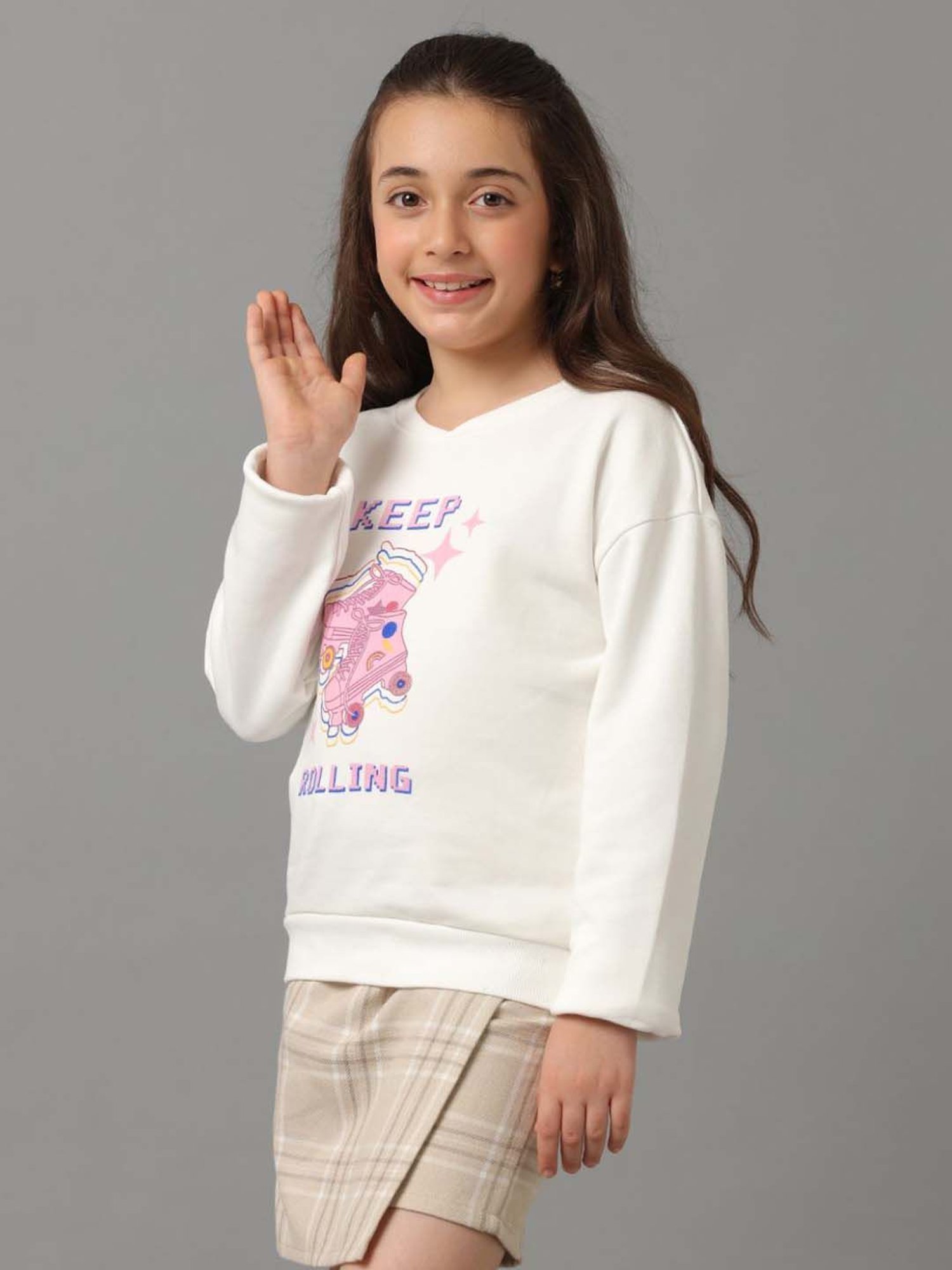 Under Fourteen Only Kids Off White Cotton Printed Full Sleeves Sweatshirt