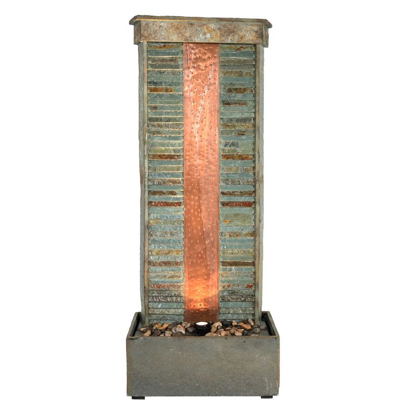 Sunnydaze 48"H Electric Natural Slate with Copper Accents Rippled Column Outdoor Water Fountain with LED Spotlight