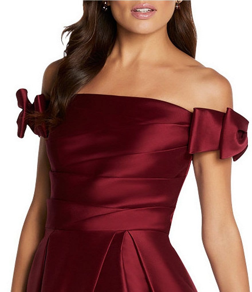 Aidan Mattox Sleeveless Bow-Tie Off-the-Shoulder Neck Cap Sleeve High Slit Ball Gown