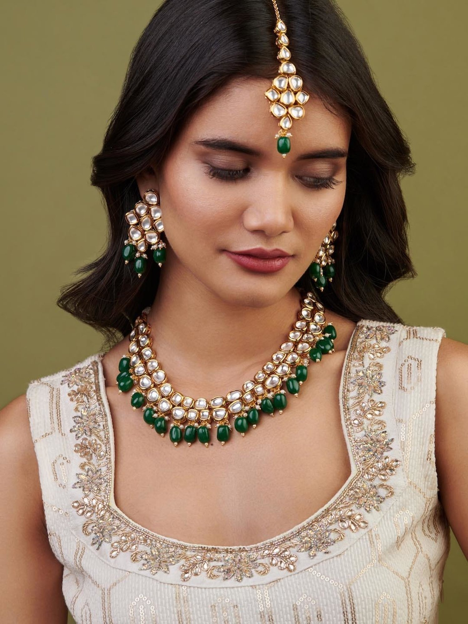 Curio Cottage Meira Two of a Kind Kundan Green Necklace, Earring & MaangTikka Set for Women