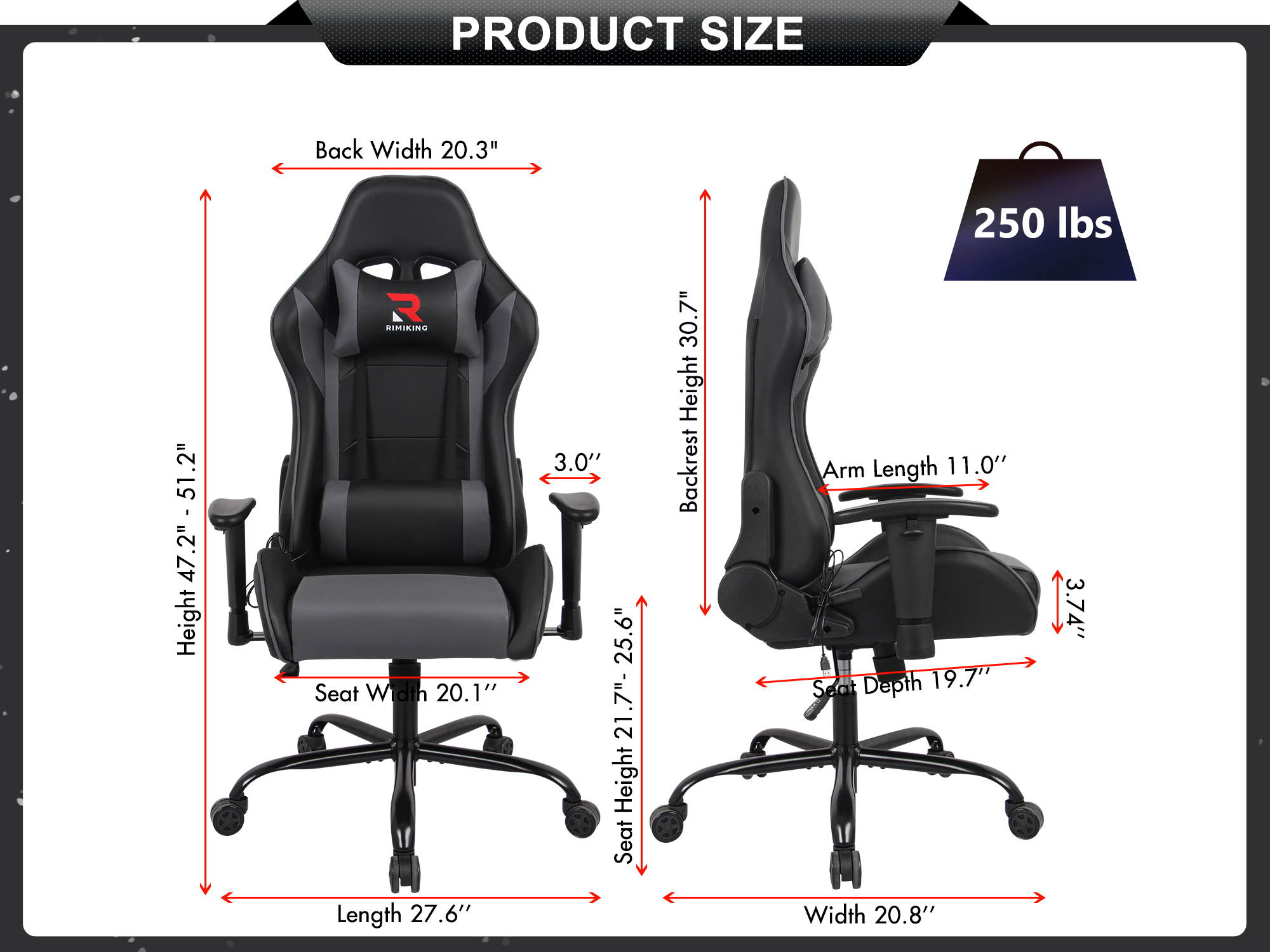 RIMIKING Massage Racing High Back Ergonomic  Computer Gaming Chair  Soft Headrest&Backrest Desk Chair Swivel Adjustable Armrest  Office Chair