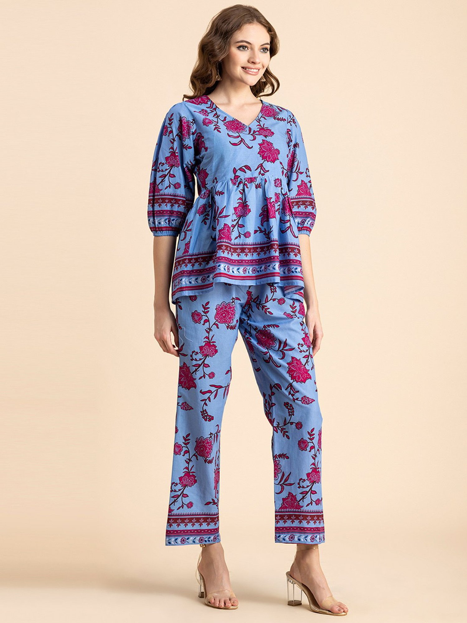 Moomaya Blue & Pink Cotton Floral Print Top With Pants