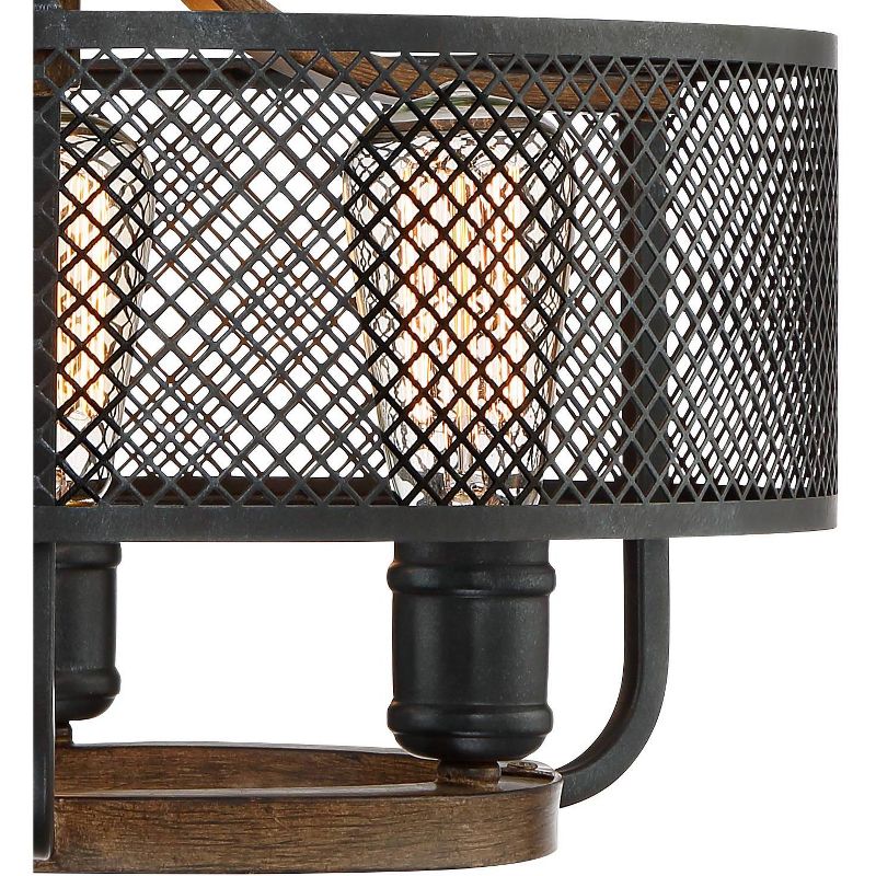 Franklin Iron Works Farmhouse Ceiling Light Semi Flush Mount Fixture Black Mesh Wood 16" Wide 3-Light for Bedroom Kitchen Hallway