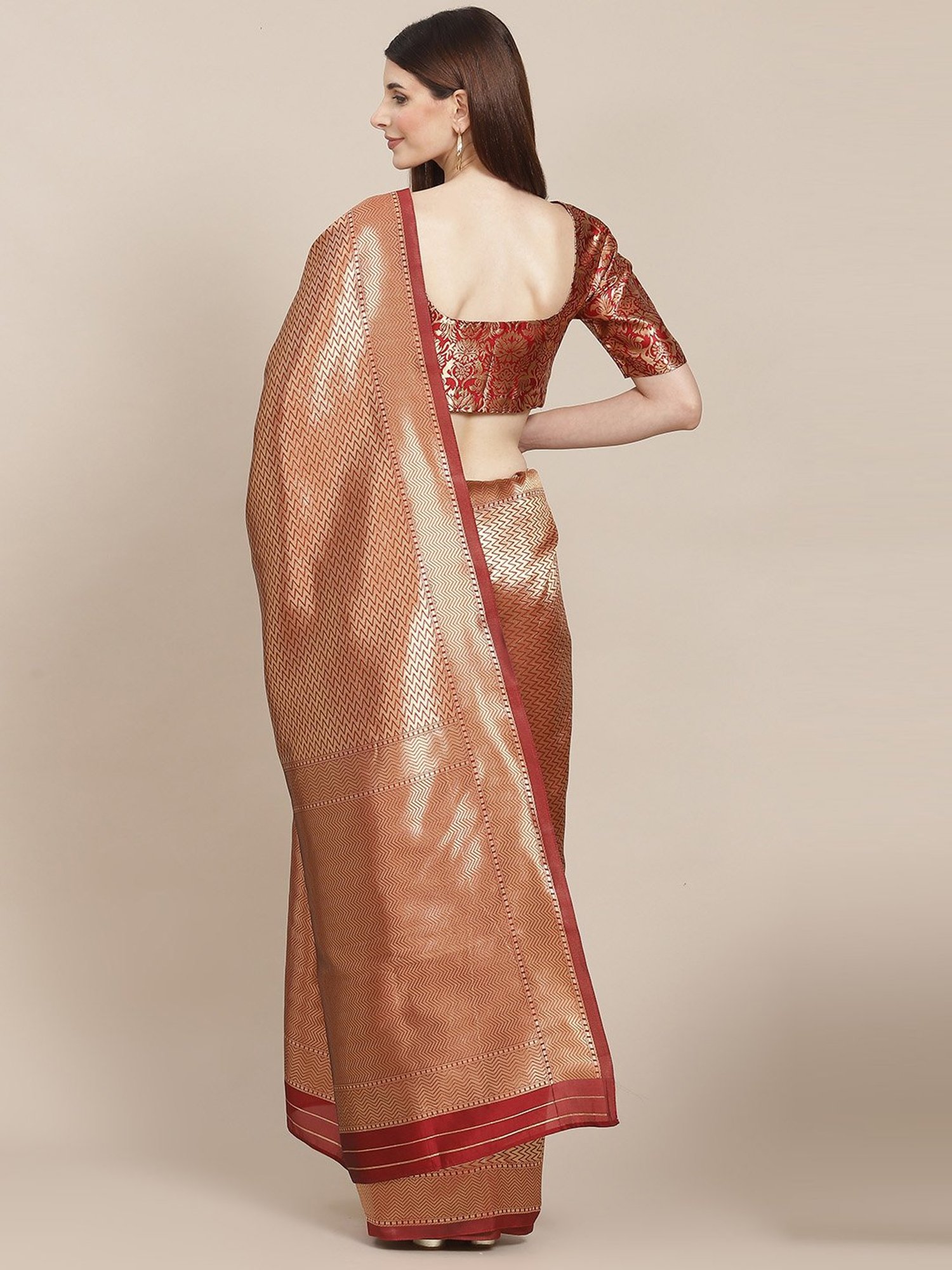 KSUT Brown & Maroon Silk Woven Saree With Unstitched Blouse