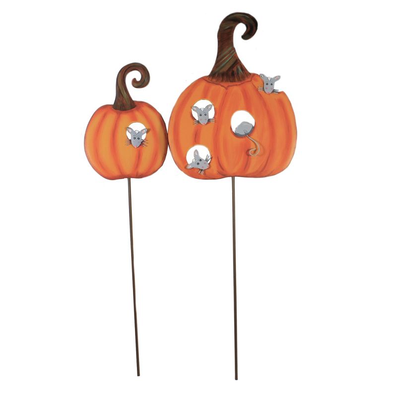 Halloween 31.75" Orange Pumpkins With Mice Stake Hang  -  Decorative Garden Stakes
