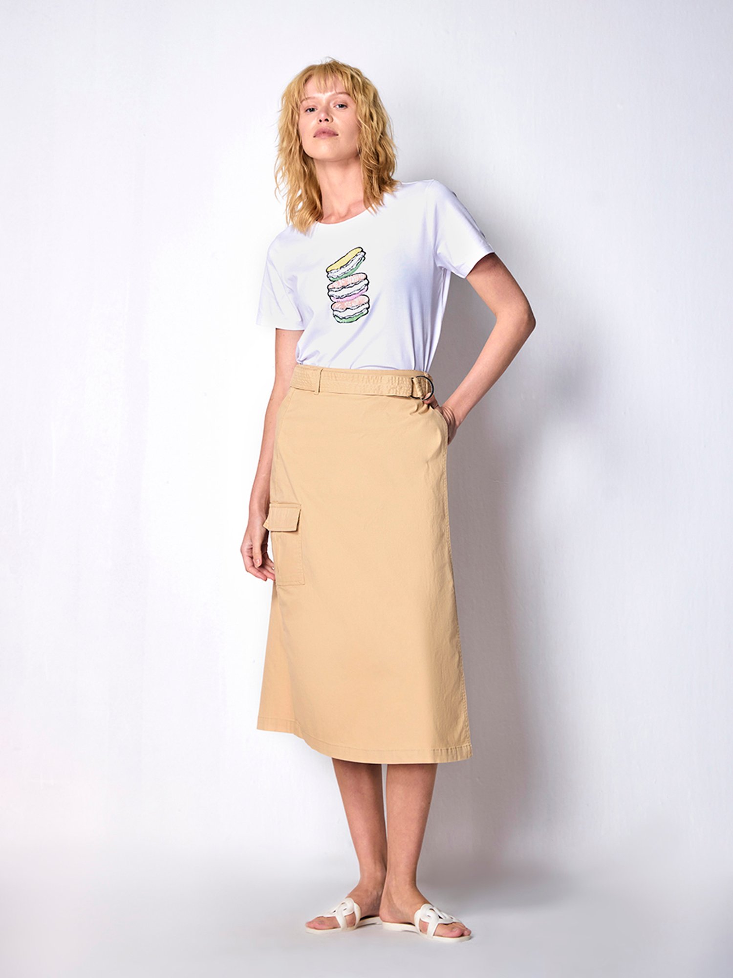 Cover Story Beige Cotton Midi Skirt