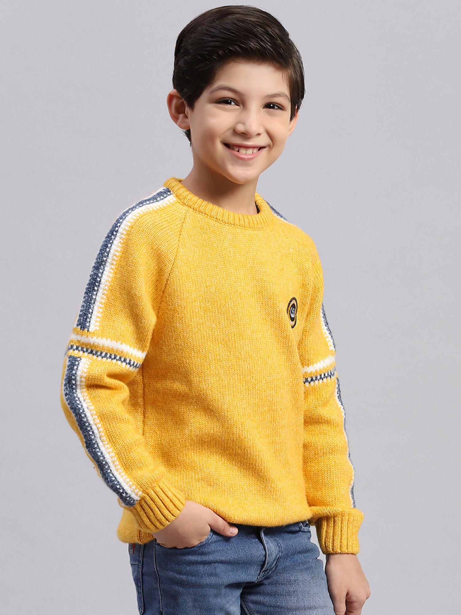 Monte Carlo Kids Mustard Self Design Full Sleeves Sweater
