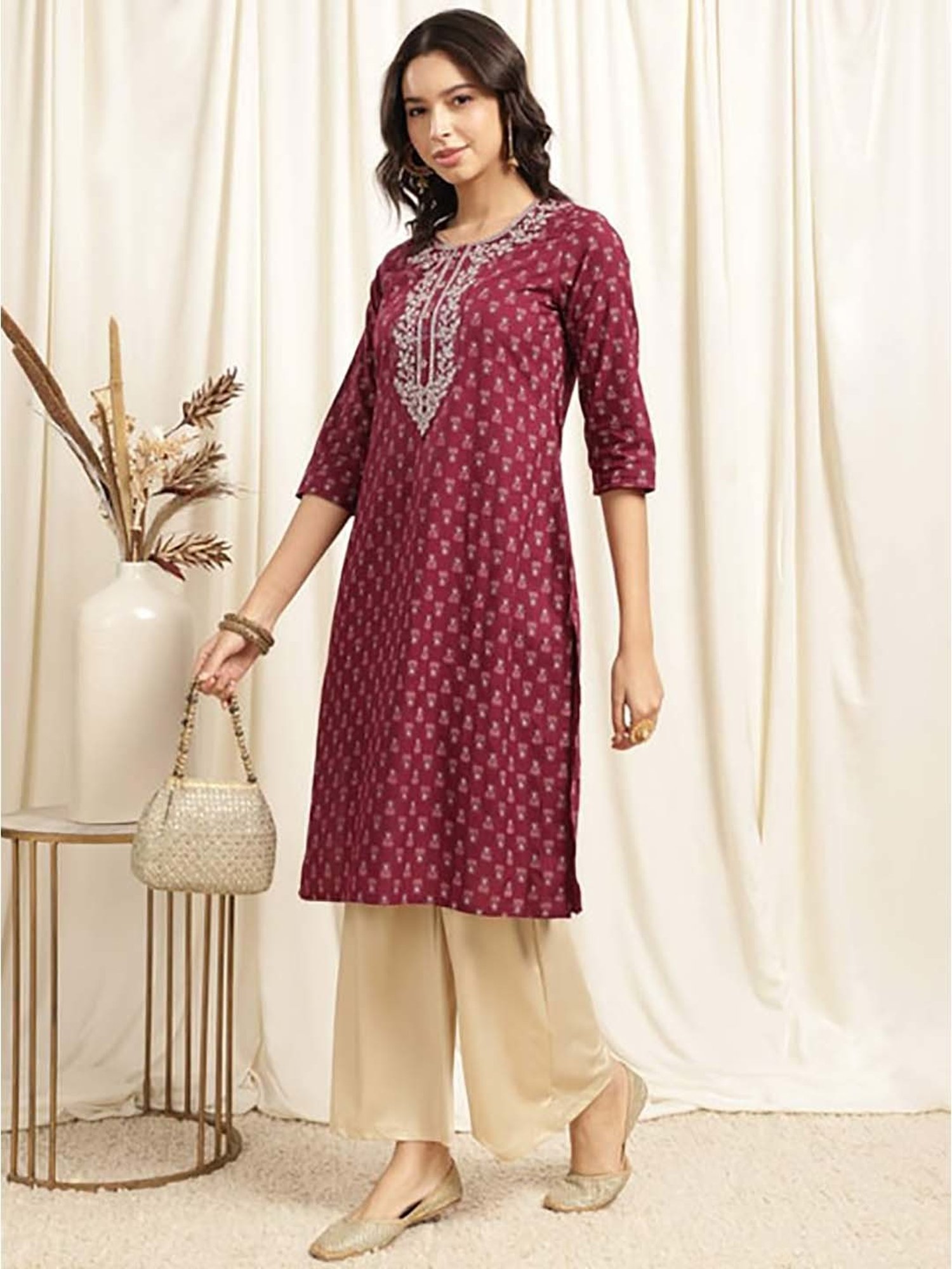 Rangita Maroon Cotton Printed Straight Kurta