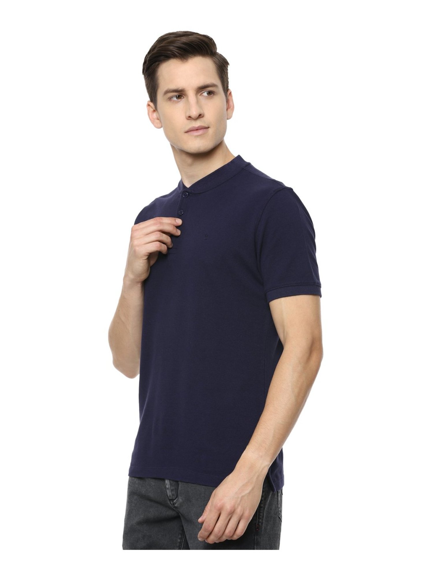 V Dot Navy Cotton Slim Fit T-Shirt