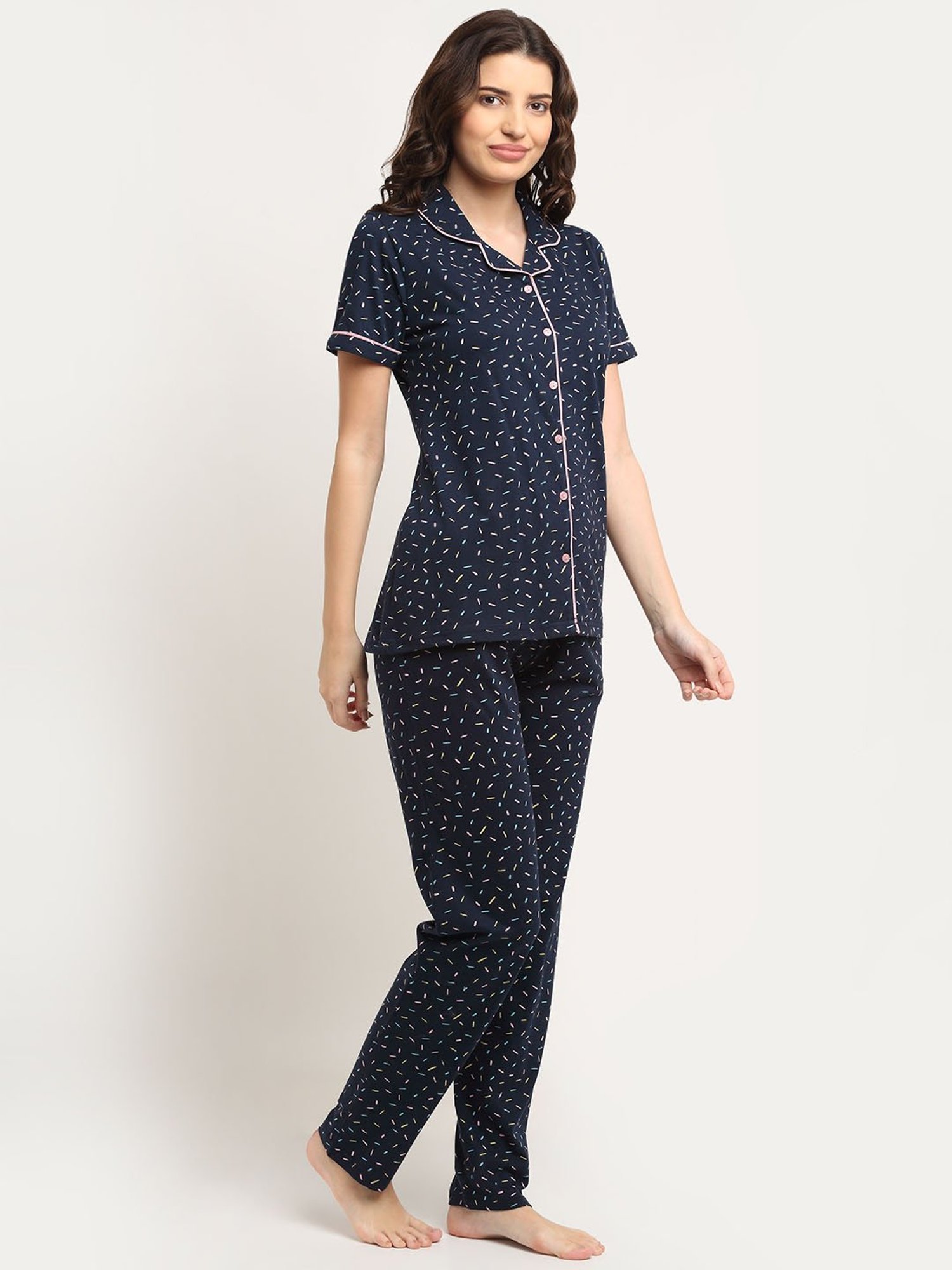 Kanvin Navy Blue Printed Shirt with Pyajmas