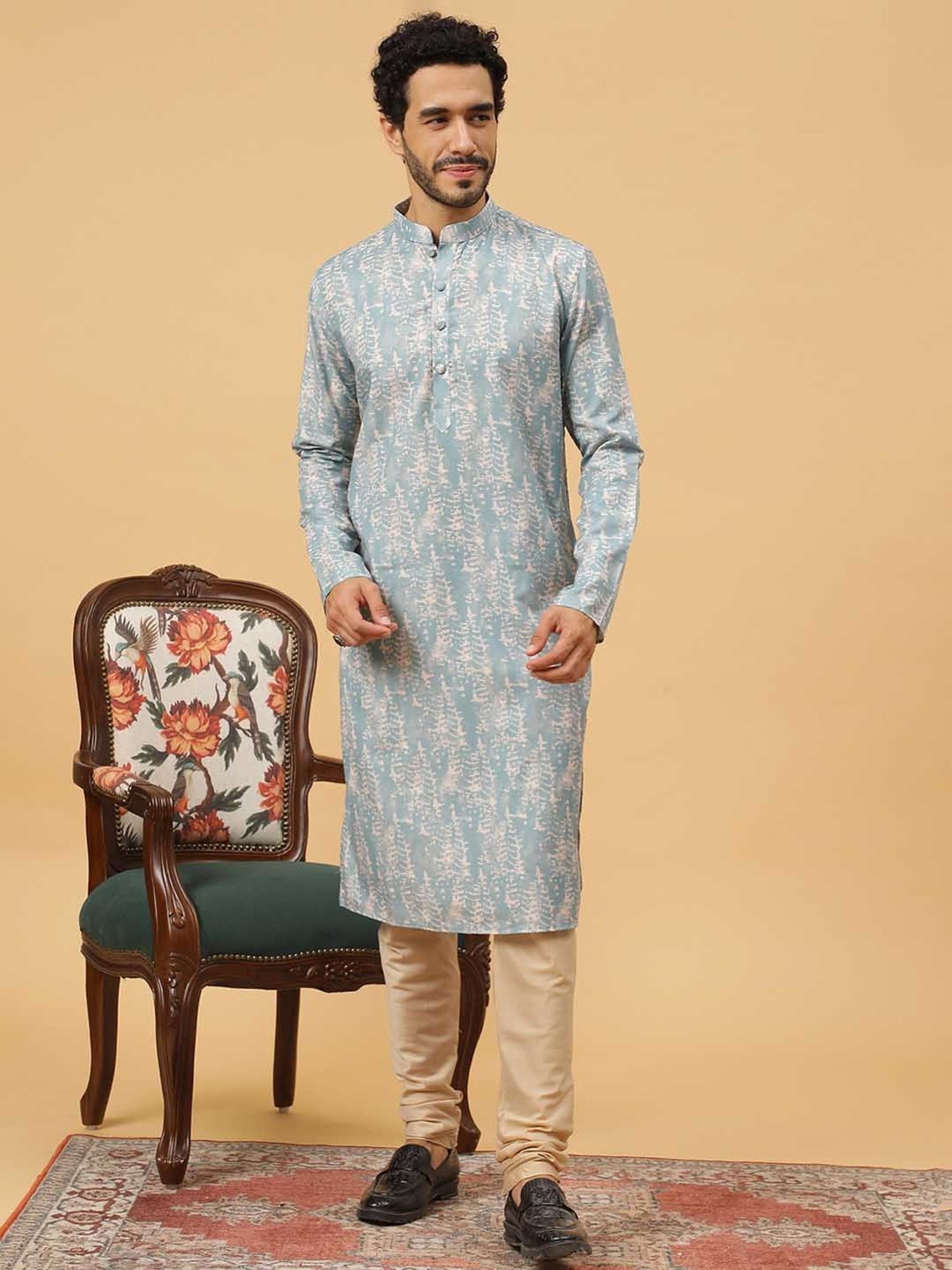 TABARD Sky Blue & Beige Regular Fit Printed Kurta & Churidar Set