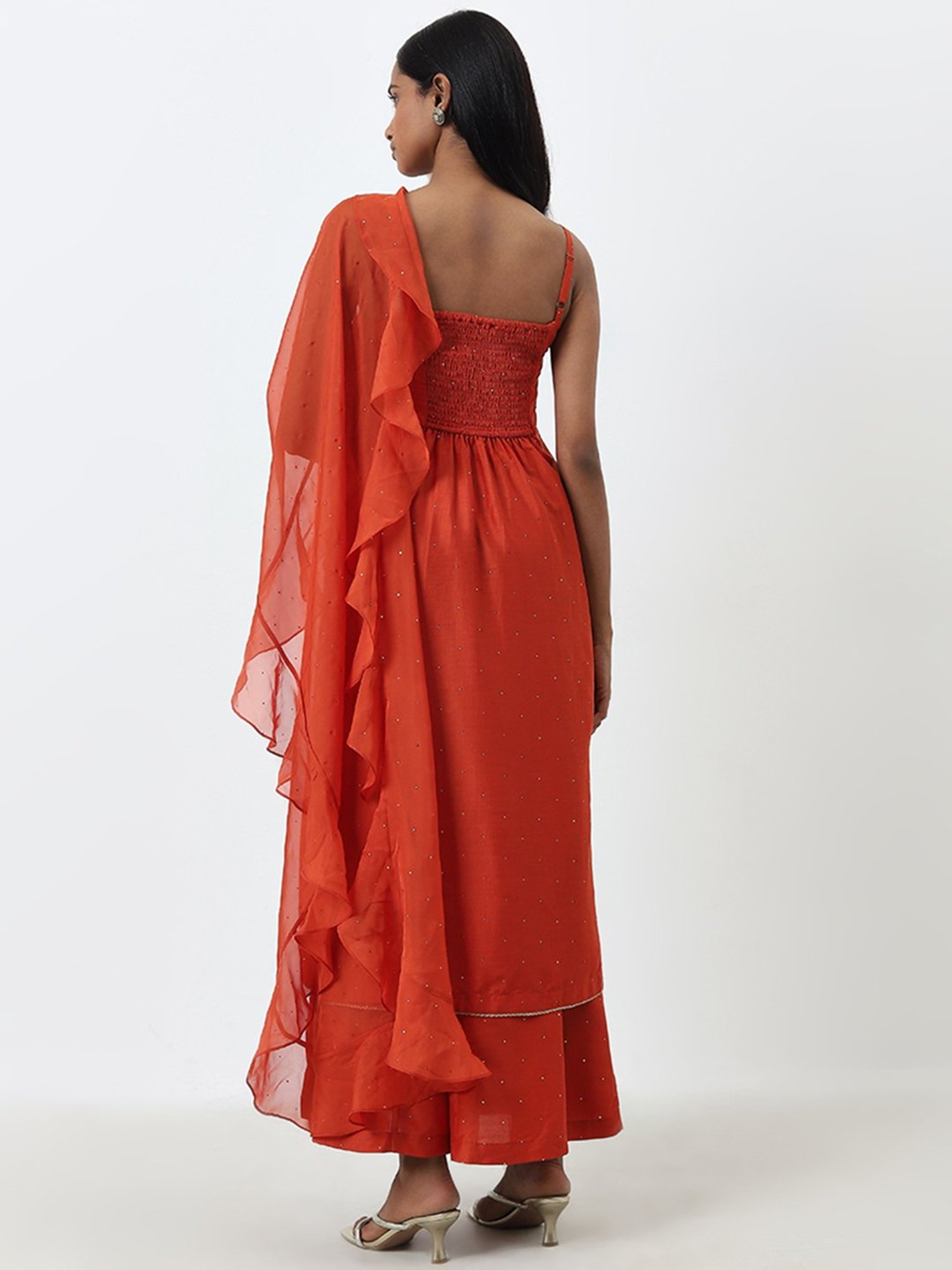 Vark by Westside Orange Embellished Kurta, Palazzos and Dupatta Set