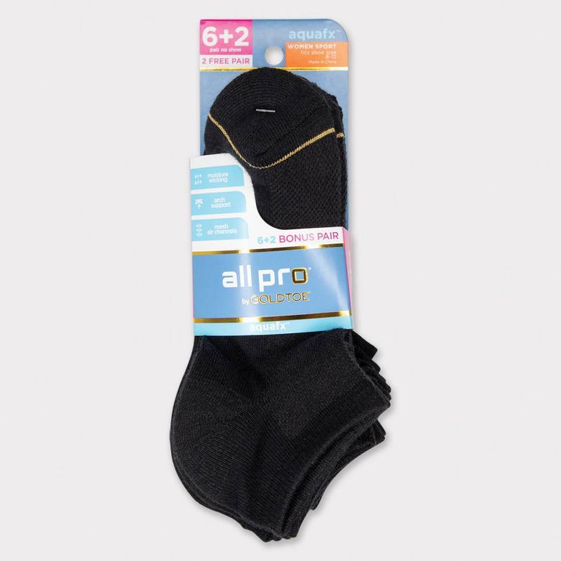 All Pro Women's Extended Size Aqua FX Cushioned 6+2 Bonus Pack No Show Athletic Socks - Black 8-12