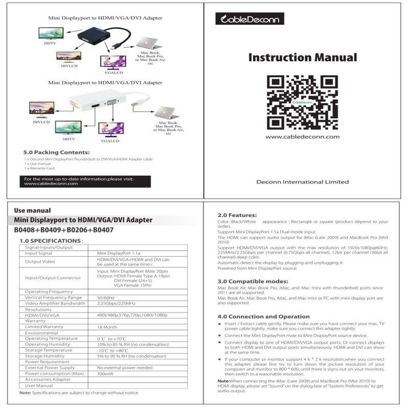 CableDeconn Mini Display Port DP (Thunderbolt Port Compatible) to DVI VGA HDMI TV AV HDTV Adapter cable 3 in1 for Mac Book
