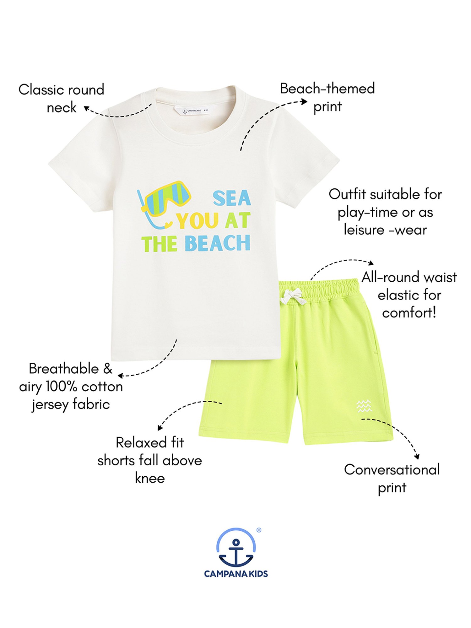 Campana Kids White & Lime Green Printed T-Shirt with Shorts