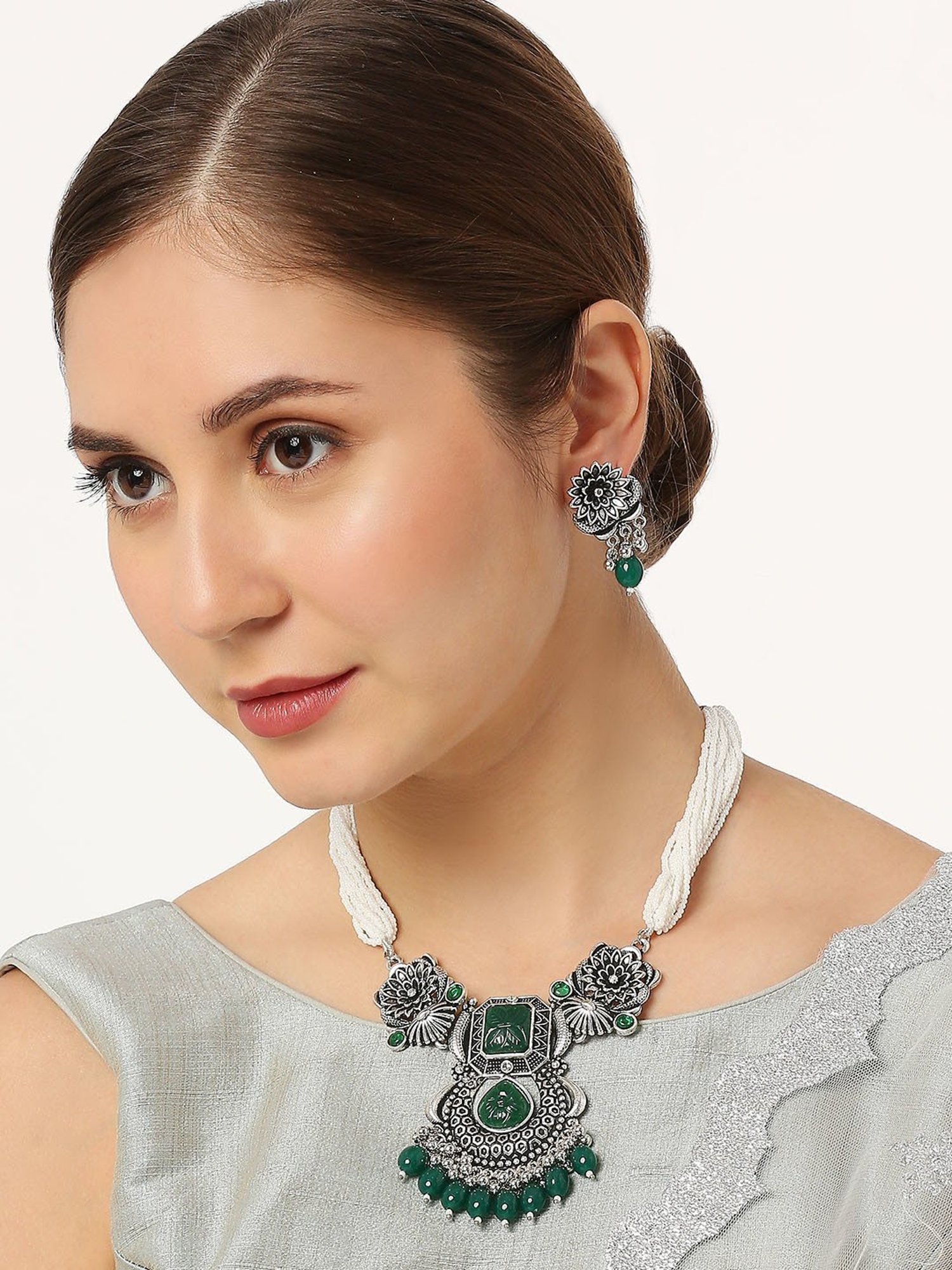 OOMPH Oxidized Silver Tone Green Jaipur Stones Ethnic Necklace Set with Drop Earrings