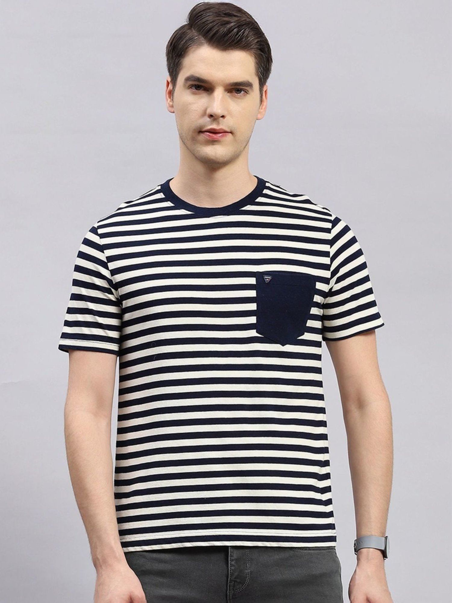 Monte Carlo Navy Blue Regular Fit Striped T-Shirt
