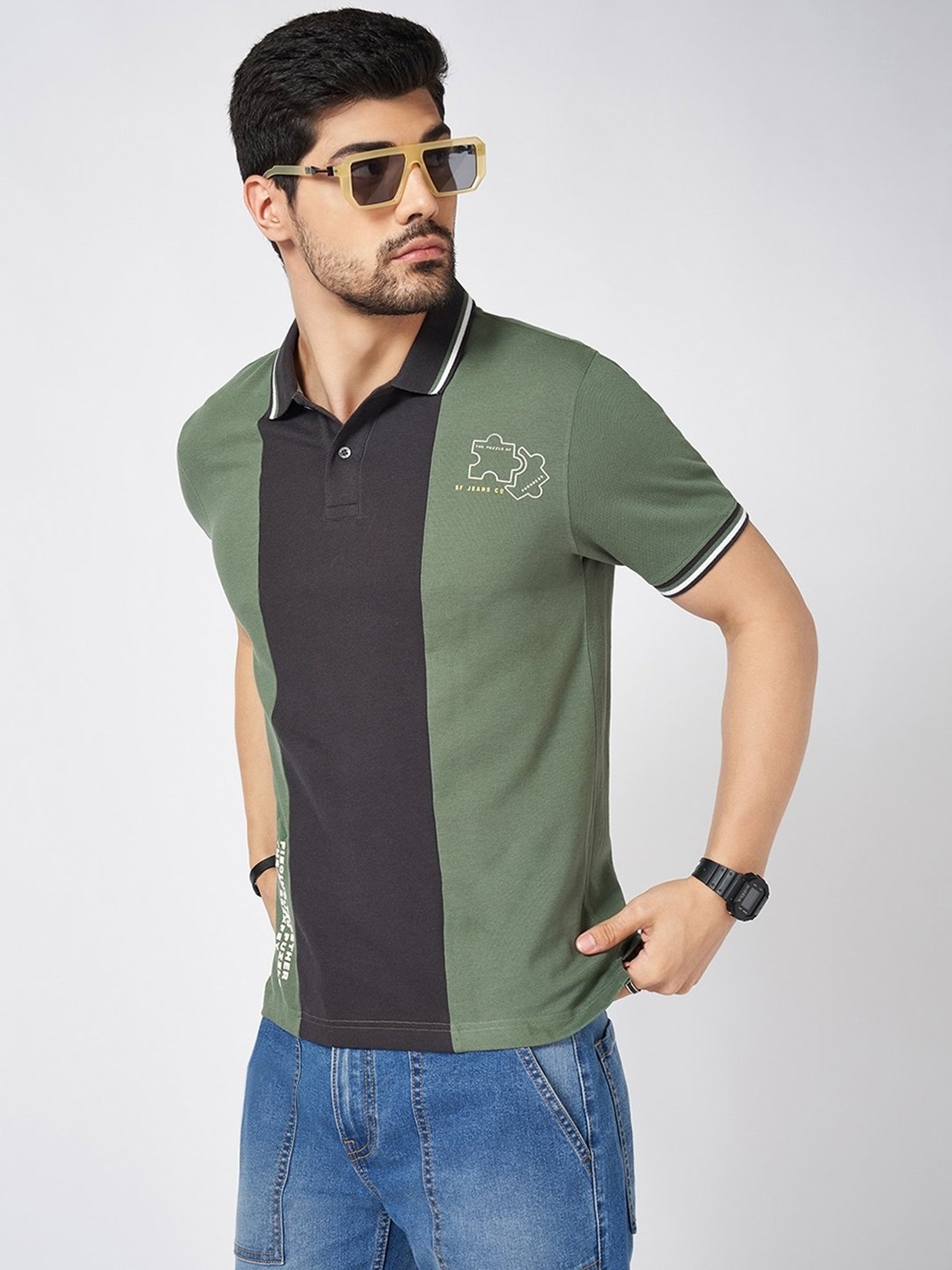 SF Jeans by Pantaloons Duck Green Cotton Slim Fit Solid Polo T-Shirt