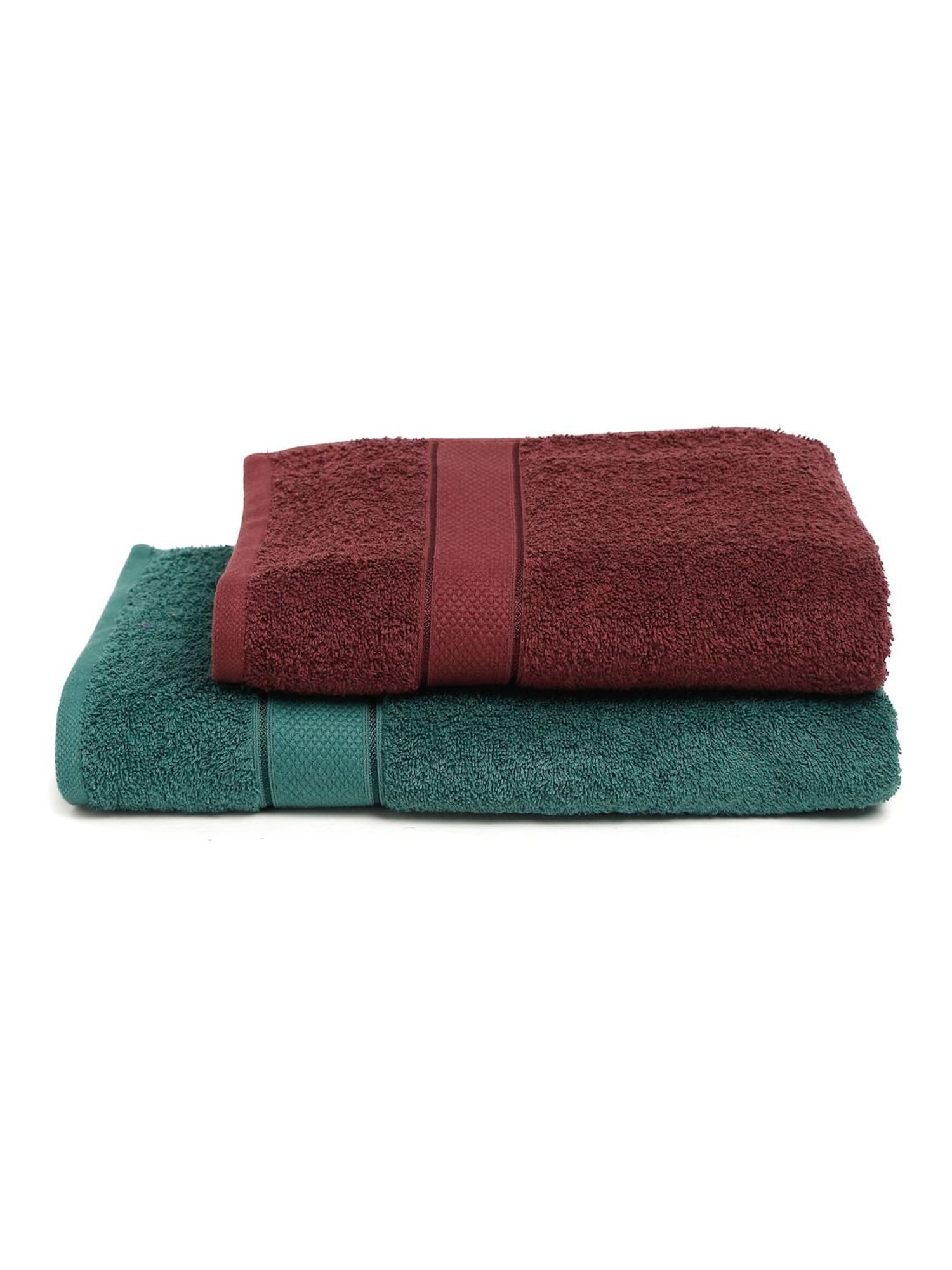 Creeva Dark Green & Wine 525 GSM Cotton Bath Towel Set of 2