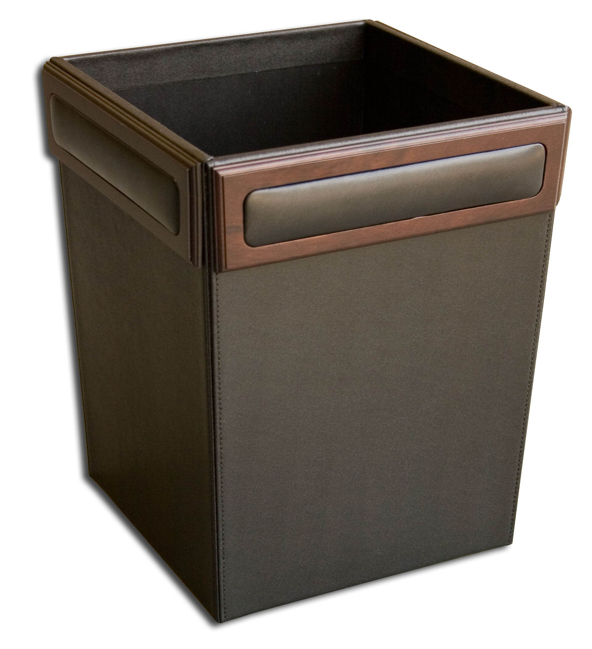 A8403 Square Waste Basket Walnut & Top-grain Black Leather