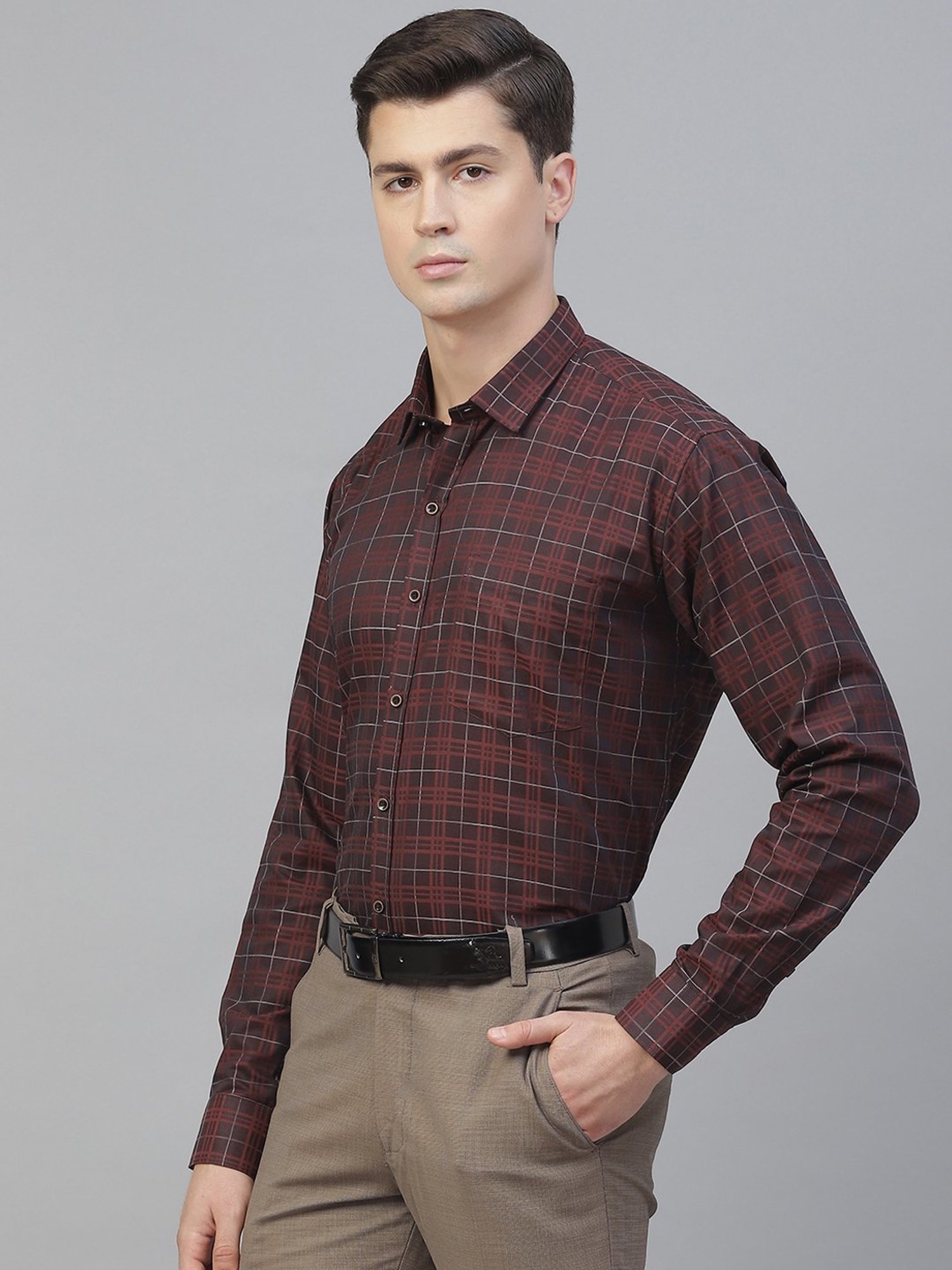 ManQ Dark Maroon Cotton Regular Fit Checks Shirt