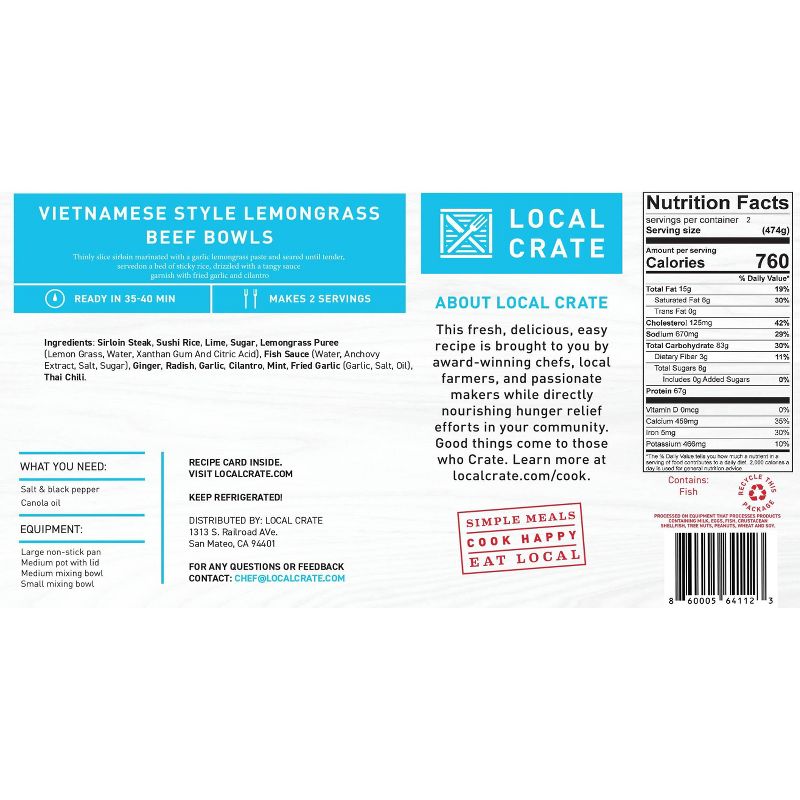 Local Crate Vietnamese Style Lemongrass Beef Bowls Meal Kit - Serves 2 - 33.4oz