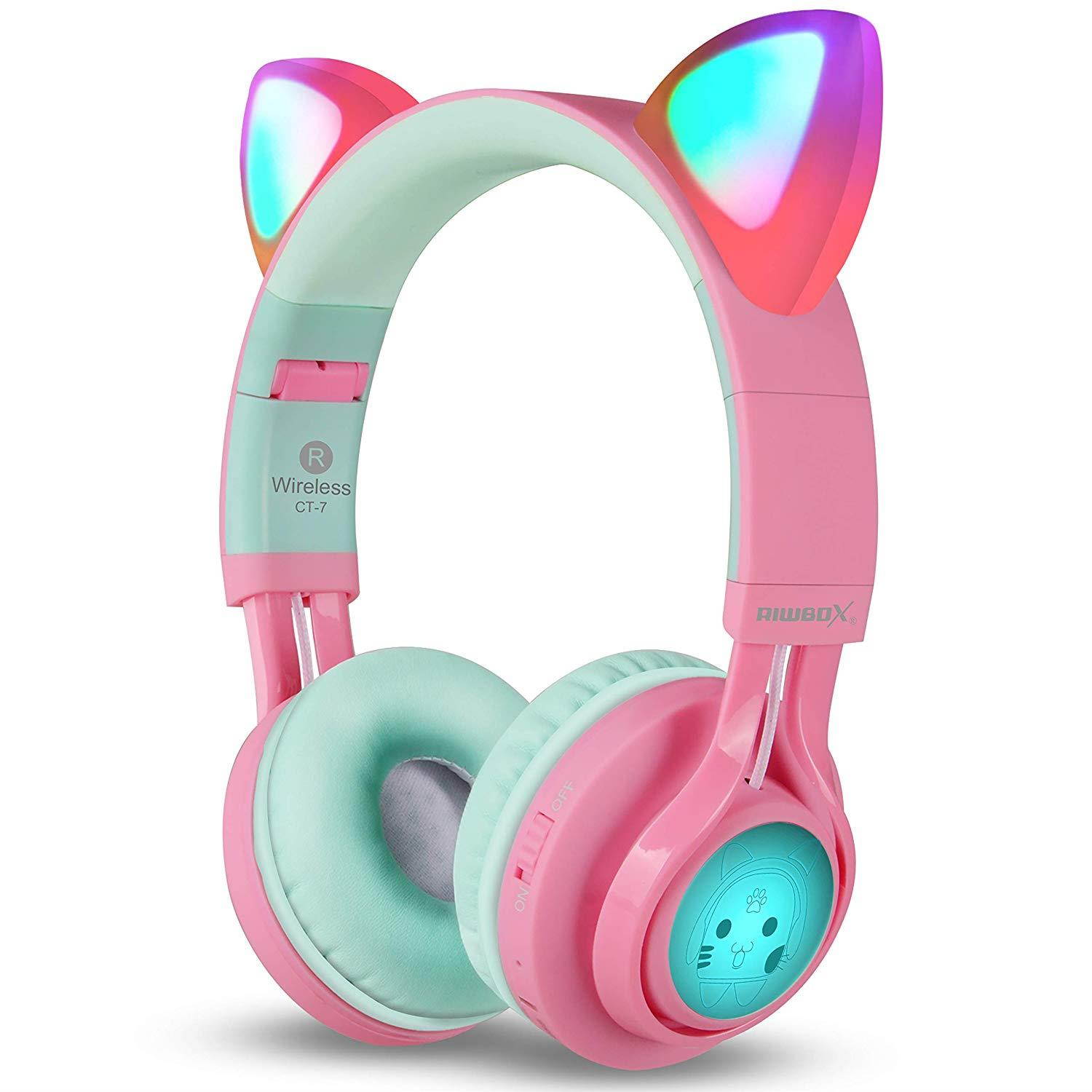 Riwbox Bluetooth Headphones, Riwbox CT-7 Cat Ear LED Light Up Wireless Foldable Headphones Over Ear Microphone Volume Control iPhone/iPad/Smartphones/Laptop/PC/TV (Pink&Green)