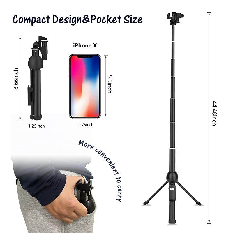 Stick, Professional 45-Inch Stick Tripod, Extendable Stick with Wireless Remote and Tripod Stand for iPhone 6 7 8 X Plus/Samsung Galaxy Note 9/S9 Plus and More